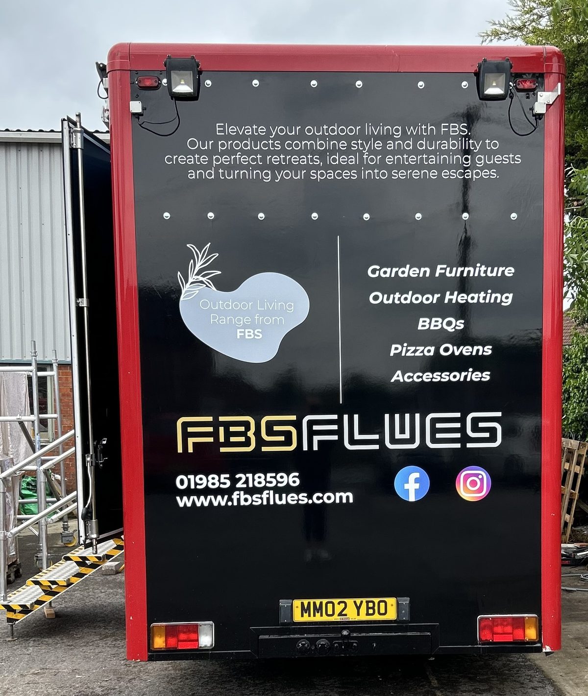 FBS Flues branded exhibition trailer rear